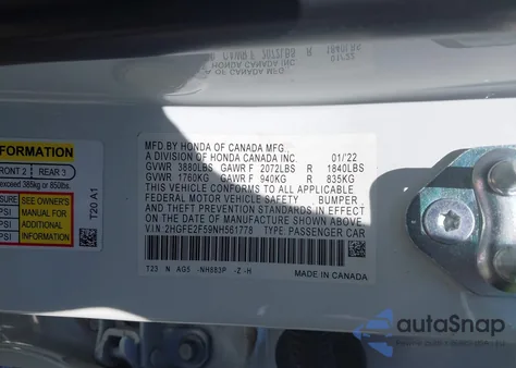 2022 Honda Civic Sport из США, поврежденный, VIN 2HGFE2F59NH561778